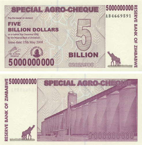 фото Зимбабве 5000000000 долларов 2008 UNC Агрочек (P61)