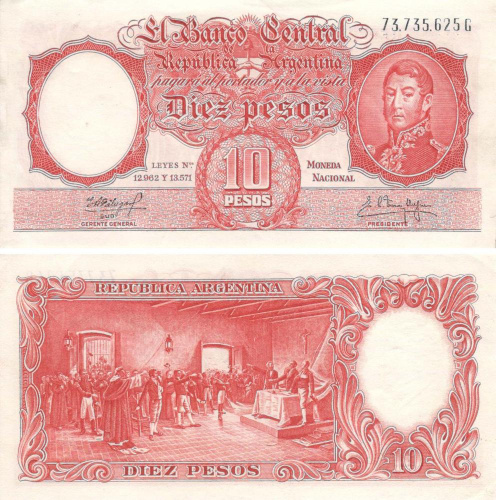 фото Аргентина 10 песо 1959-1962 AU-UNC (P270)
