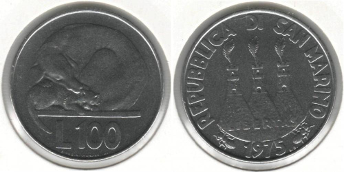 фото Сан-Марино 100 лир 1975 VF (KM#46)