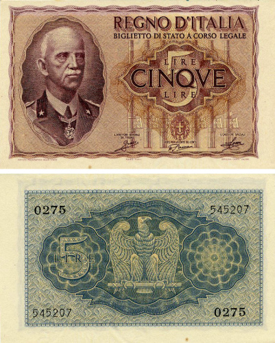 фото Италия 5 лир 1940 AU-UNC (P28)