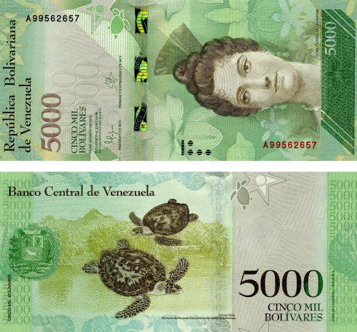 фото Венесуэла 5000 боливар 2016 UNC Черепахи (P97)