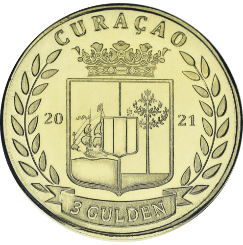фото Остров Кюрасао 3 гульдена 2021 UNC Динозавр - Трицератопс