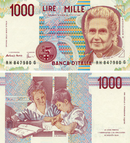 фото Италия 1000 лир 1990 UNC М. Монтессори (P114)