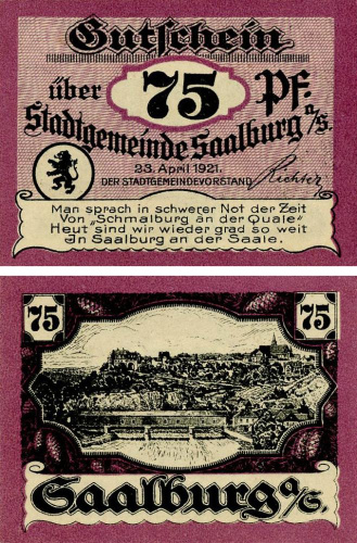 фото Германия Нотгельд  75 пфеннигов 1921 F-VF Заальбург
