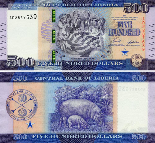 фото Либерия 500 долларов 2024 UNC Бегемот Гиппопотам (PW42)