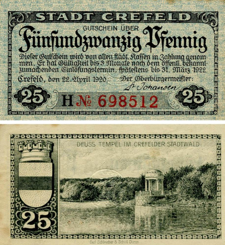 фото Германия Нотгельд  25 пфеннигов 1920  F-VF Крефельд