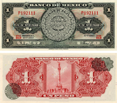 фото Мексика 1 песо 1967 UNC (P59)
