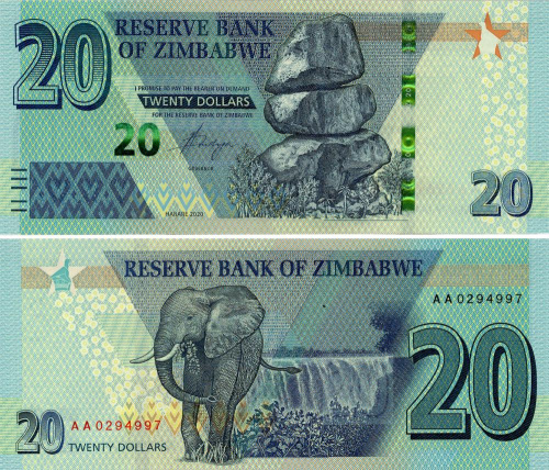 фото Зимбабве 20 долларов 2020 UNC Слон (PW104)