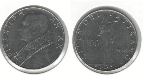 фото Ватикан 100 лир 1958 VF (KM#55)