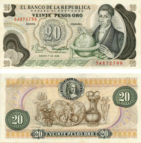 фото Колумбия 20 песо оро 1982 UNC (P409d)