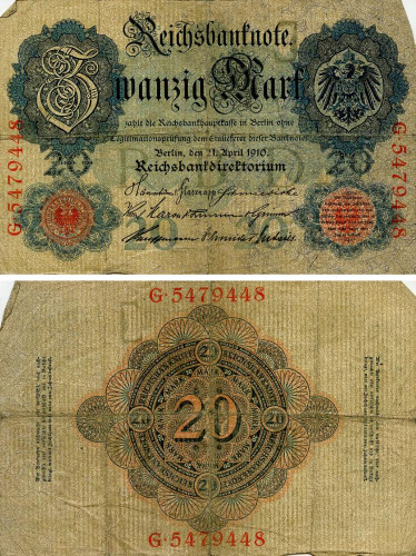 фото Германия 20 марок 1910 VG-VF (P40b)