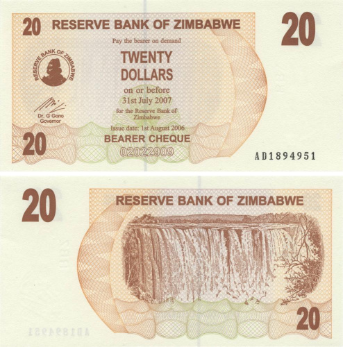 фото Зимбабве 20 долларов 2006 UNC (P40)