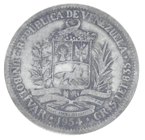 фото Венесуэла 1 боливар 1954 Серебро F-VF (Ag 835, 5 грамм)