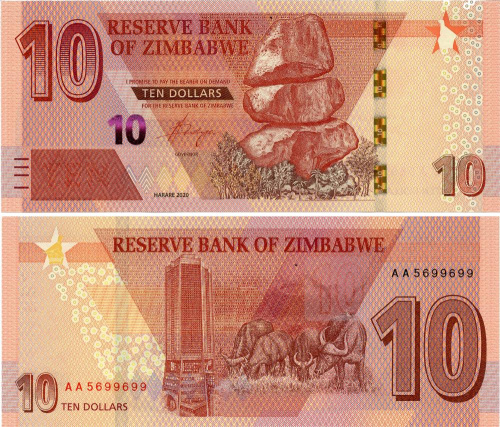 фото Зимбабве 10 долларов 2020 UNC Буйволы (PW103)
