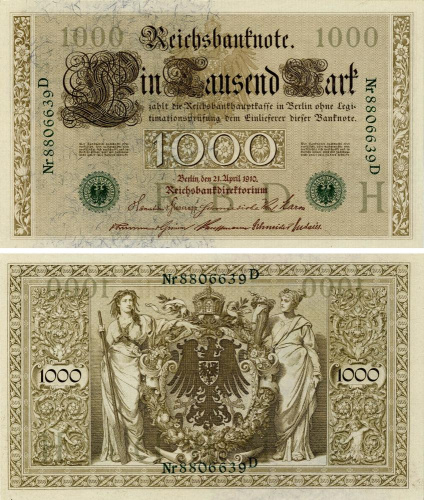 фото Германия 1000 марок 1910 AU-UNC (P45b)
