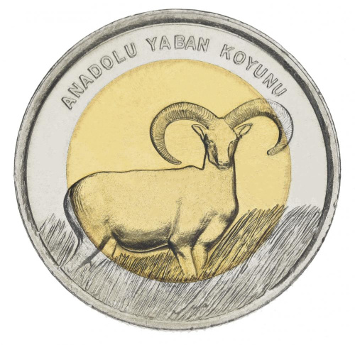 фото Турция 1 лира 2015 Биметалл UNC Фауна Турции - Муфлон