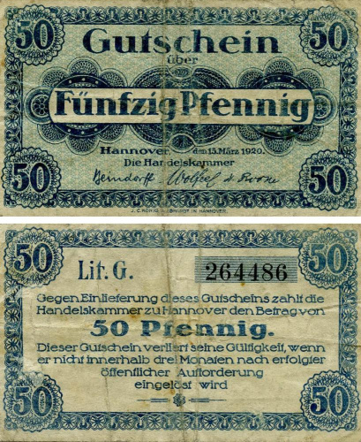фото Германия Нотгельд  50 пфеннигов 1920  F-VF  Ганновер