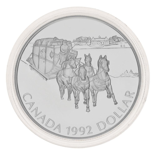 фото Канада 1 доллар 1992 Серебро UNC Кони (лошади) 175 years of Kingston stagecoach