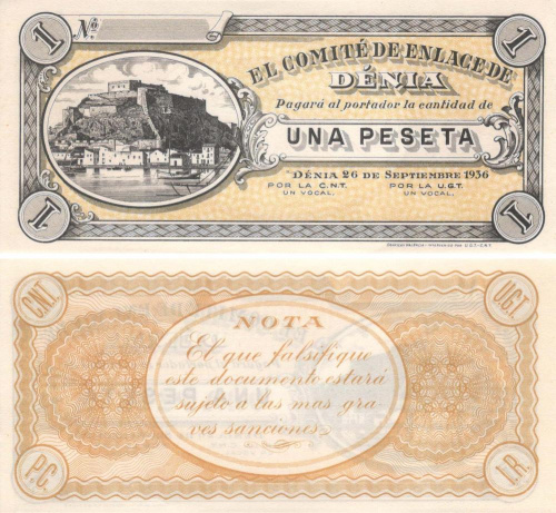 фото Испания 1 песета 1936 Дения UNC