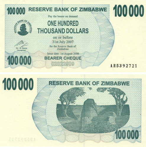 фото Зимбабве 100000 долларов 2006 UNC Cheque (P48)