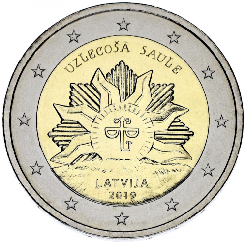 фото Латвия 2 евро 2019 Биметалл Восходящее солнце UNC