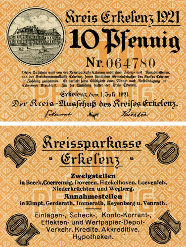 фото Германия Нотгельд  10 пфеннигов 1921  F-VF Эркеленц