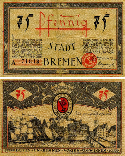 фото Германия Нотгельд  75 пфеннигов 1921 F-VF Бремен