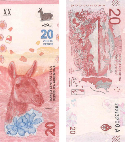 фото Аргентина 20 песо 2017 UNC Лама Гуанако (P361)