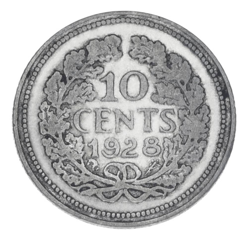 фото Нидерланды 10 центов 1928 Серебро F-VF (Ag 640, 1,4 грамм)