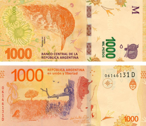 фото Аргентина 1000 песо 2017 (2019) UNC Птица - Рыжий печник (P366)