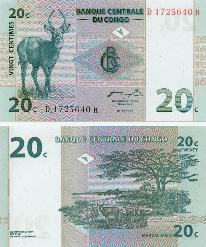фото Демократическая республика Конго 20 сентим 1997 UNC (P83)