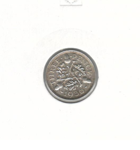 фото Великобритания 3 пенса 1936 Серебро F-VF (Ag 500, 1,41 грамма)