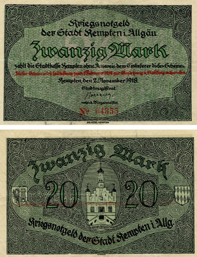 фото Германия Нотгельд 20 марок 1918 F-VF Кемптен